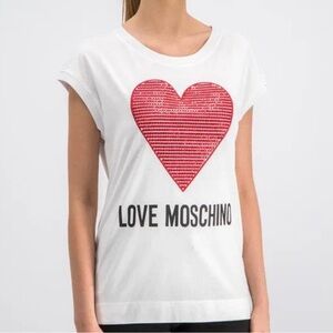 Love Moschino White Tee with Red Sequin Heart Logo (NWOT) Size 4 US / 40 Italy